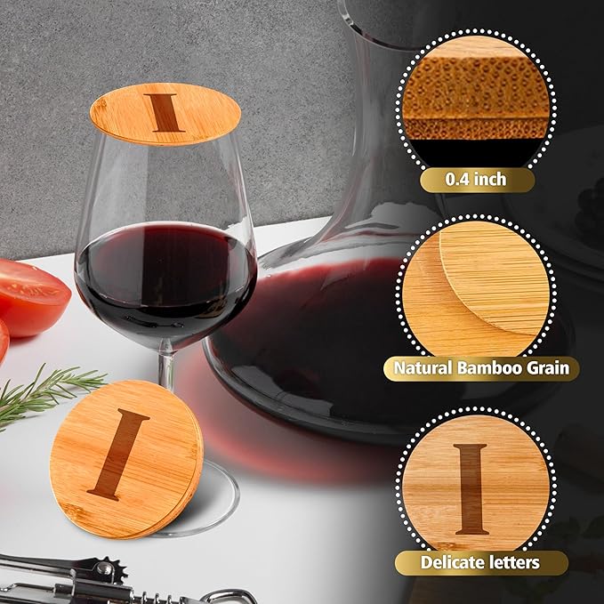 Personalized Wine Glass Charcuterie Topper - Custom Laser Engraved Initial Bamboo Wine Glass Topper Stopper Coasters Plate ID Identification Wine Glass Charcuterie Board Topper (Letter I)