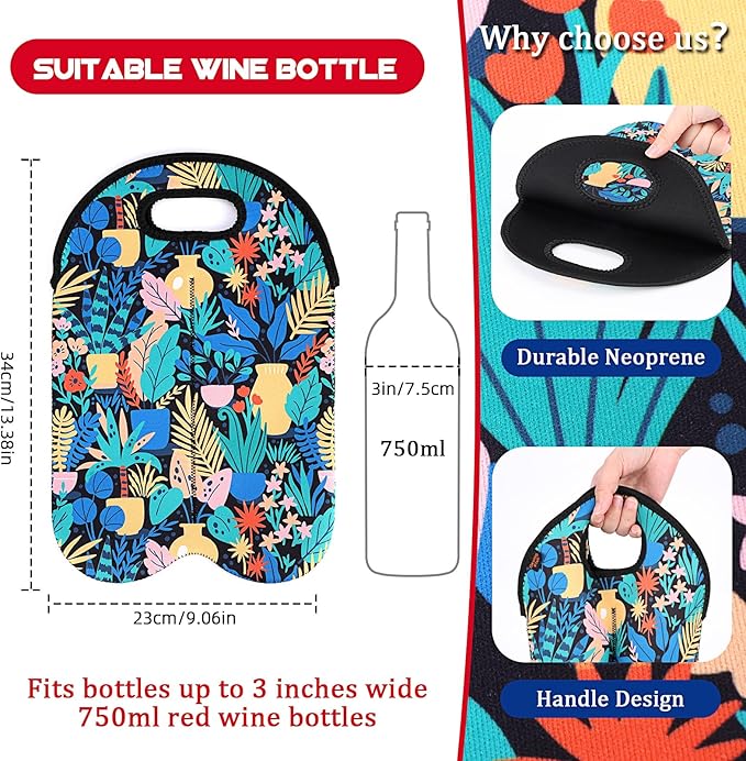 Desing Wish 2-Bottle Set Wine Carrier Tote Bag for 750ml Red/White Wine Bottles, Insulated Neoprene Wine Cooler Bag Wine Gift Bags for Gift/Picnic/Party/Beach/Christmas - Rainforest