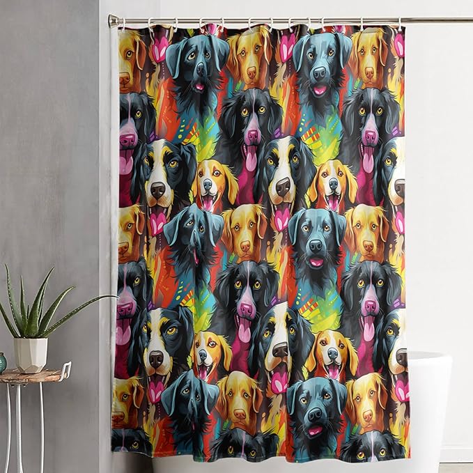 AILONEN Cartoon Dog Shower Curtain Set, Lovely Colourful Puppy Shower Curtain for Bathroom,Rainbow Gradient Puppy Waterproof Fabric Bath Curtain with Hooks,36" Wx72 H