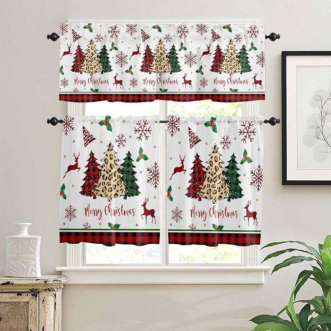 Merry Christmas Kitchen Curtains and Valances Set,Farm Christmas Tree Buffalo Plaid Leopard Window Treatments Tiers Holiday Decor Half/Short Curtains for Small Windows Cafe/Living/ Bedroom 54x24 in