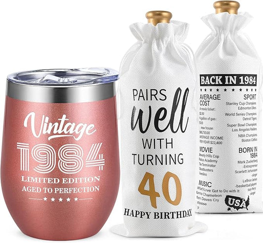 Lifecapido 40th Birthday Gifts for Women, Vintage 1984 Limited Edition Insulated Wine Tumbler with Wine Bag, 40 Year Old 40th Birthday Presents Christmas Gifts for Sisters Wine Lover Friends, 12 oz