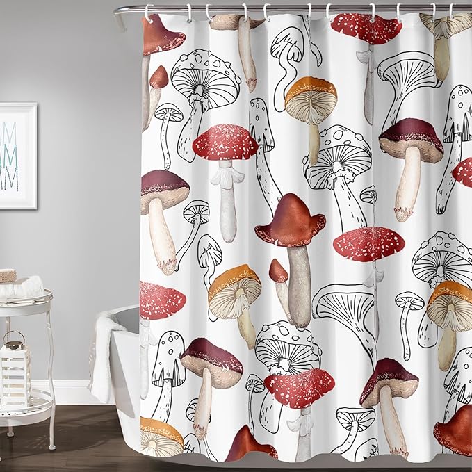 AILONEN Cartoon Mushroom Shower Curtain,Modern Shabby Chic Plants Fungus Themed Waterproof Bath Curtain,Minimalist Curtain for Bathroom Decor, 36" W x 72" H