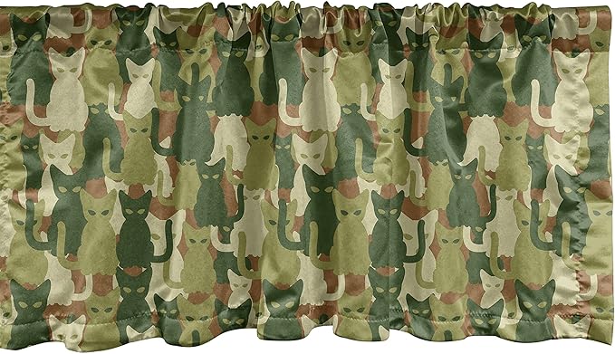 Ambesonne Camo Window Valance, Kitten Silhouette Protective Cat Theme in Jungle Colors Animal Silhouettes, Curtain Valance for Kitchen Bedroom Decor with Rod Pocket, 54" X 12", Green Cream