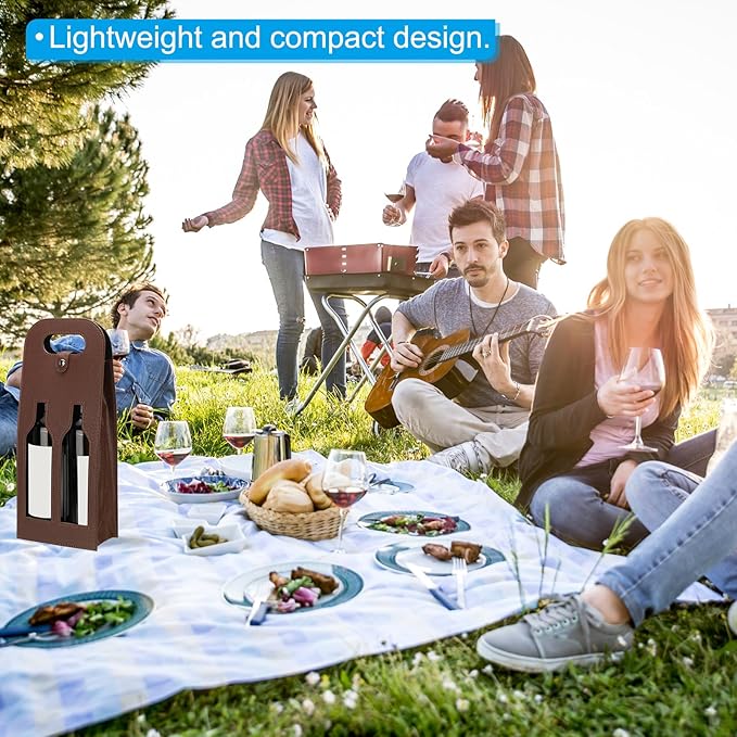 PATIKIL 2 Bottle Wine Gift Bag, Wine Bag Reusable Leather Wine Tote Carrier for Wine Bottles Portable Champagne Gift Bags for Picnic Party Wedding, Brown-2