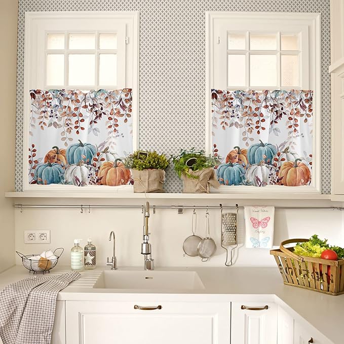 Fall Thanksgiving Kitchen Curtains and Valances Set,Watercolor Autumn Pumpkins Eucalyptus Leaves Small Window Treatments Tiers Half/Short Curtains for Cafe /Living Room/ Bedroom 54x 36 in,Blue Orange