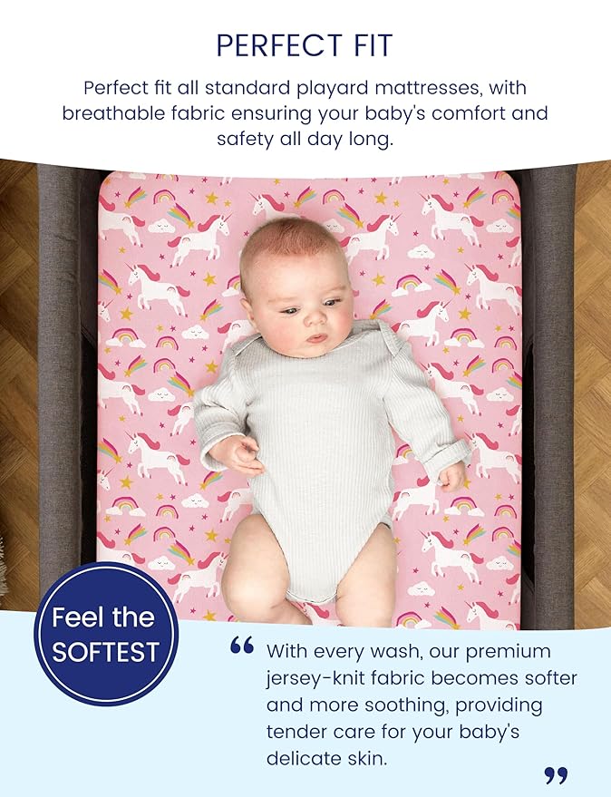 TotAha Premium Soft Unicorn Pack n Play Sheets, Super Stretchy Jersey Knit Mini Crib Sheets Fitted, Silky Comfort Graco Pack and Play Mattress Sheets, 2 Pack