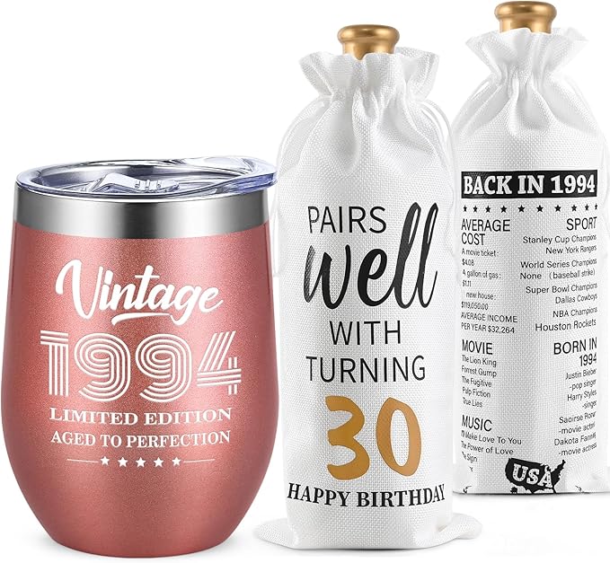 Lifecapido 30th Birthday Gifts for Women, Vintage 1994 Limited Edition Insulated Wine Tumbler with Wine Bag, 30 Year Old 30th Birthday Presents Christmas Gifts for Sisters Wine Lover Friends, 12 oz