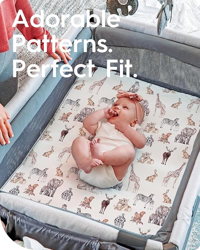 Graco Pack and Play Sheets Fitted, TotBasic Ultra Soft Mini Crib Sheets Boy, Neutral Pack N Play Mattress Sheets Hypoallergenic and Soothing, Premium Jersey Playrad Sheets, Safari Sea Animals, 2 Pack