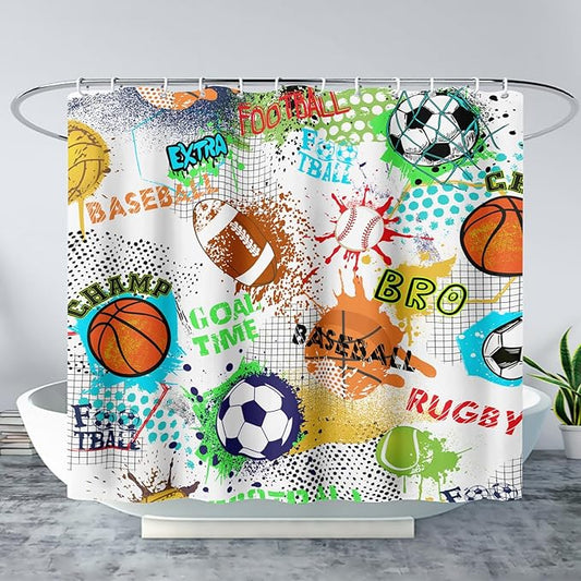 AILONEN Sport Shower Curtain,Graffiti Basketball Football Baseball Rugby Sport Art Bath Curtain Minimalist Bathroom Curtain 60" W*72" H Polyester Waterproof Bathroom Curtain with 12 Hooks