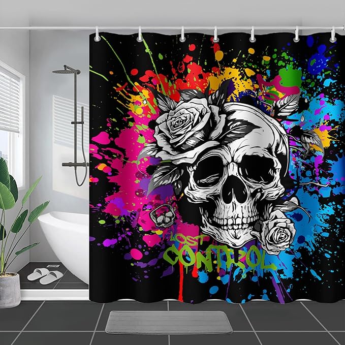 AILONEN Rose Skull Shower Curtain for Bathroom,Colorful Graffiti Art Bathroom Curtain for Kids Boys Girls,Bath Curtain 36" W*72" H Polyester Waterproof Bathroom Curtain with 12 Hooks