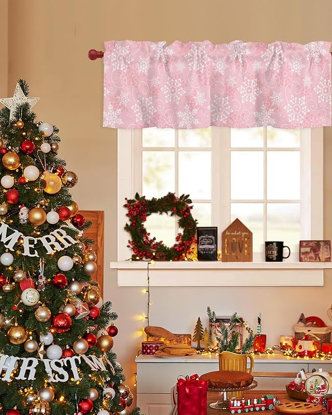 Christmas Valance Curtains for Kitchen Windows Pink White Snowflakes Pattern Rod Pocket Window Treatment Toppers for Kitchen/Living Room/Bedroom/Bathroom, 42" X 12", Winter