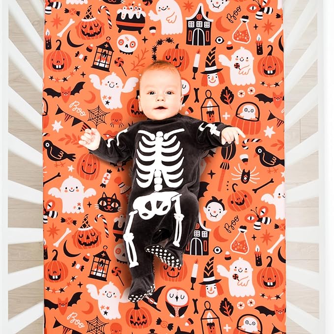 JISEN Halloween Crib Sheet Pumpkins Fitted Crib Sheet for Boys Girls Crib Mattress Cover Baby Sheet for Standard Crib and Toddler Mattress Soft Breathable Baby Bed Sheet for Neutral 52x28 Inch Ghosts