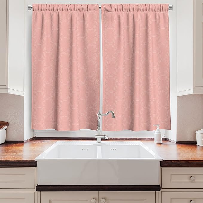 Ambesonne Peach Kitchen Curtains, Soft Colored Background with Crowns and Floral Abstract Motifs with Faded Look Monochrome, Window Drapes 2 Panel Set for Kitchen Cafe Decor, 55" x 39", Coral