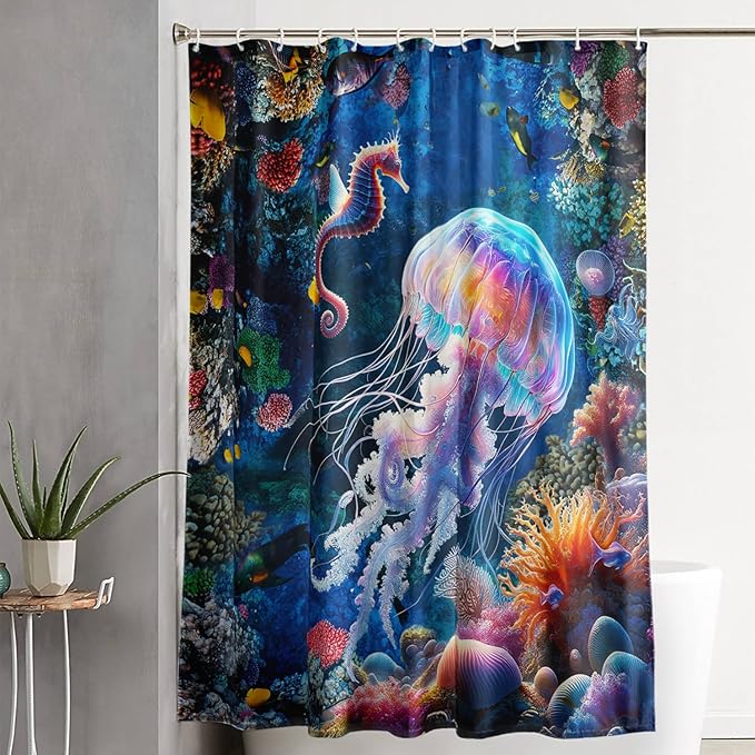 AILONEN Cartoon Jellyfish Shower Curtain,Underwater Animal Seahorses Style Bathroom Curtains Set for Kids,Girls,Ocean Theme Shower Curtains Set with Hooks for Bathroom,72" W*84" H