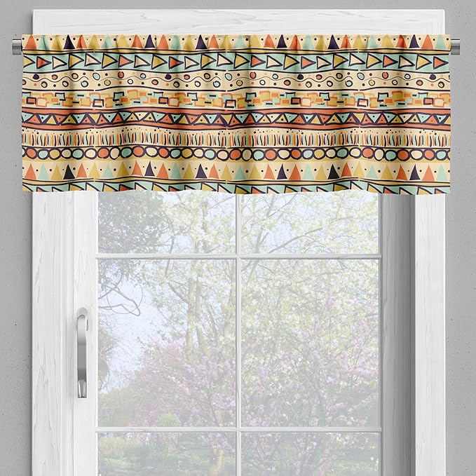 Ambesonne Prehistoric Valance & Tier Curtain 3 pcs Set, Mexican Style Doodles with Triangles Circles Folkloric Geometric Tribal, Window Treatments for Kitchen Room Decor, 55" x 30", Pastel Yellow