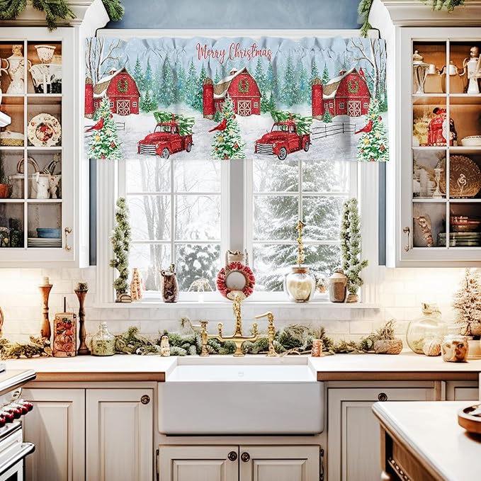 Red Truck Christmas Valance Curtains for Kitchen Windows Merry Christmas Farmhouse Rod Pocket Window Treatment Toppers for Kitchen/Living Room/Bedroom/Bathroom, 60" X 18", Winter Xmas Tree