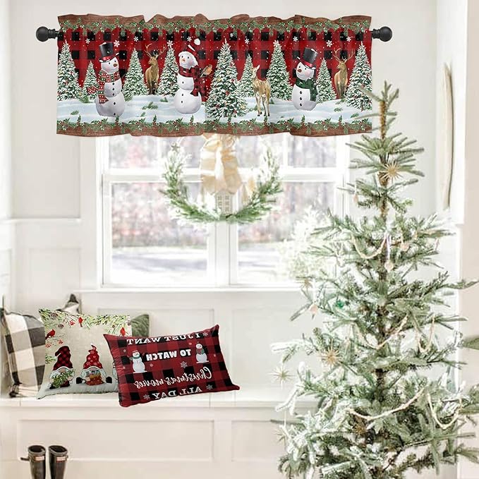Christmas Snowman Valance Kitchen Curtains for Windows, Christmas Tree Rod Pocket Valances Window Treatments Red Xmas Snowy Winter Short Curtains For Bedroom/ Living Room, 54" X 18" -1 Panel