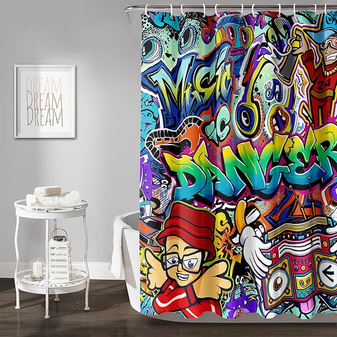 AILONEN Hip Hop Graffiti Shower Curtain for Bathroom,Colorful Graffiti Music Dancer Bathroom Curtain for Kids Boys Girls,Bath Curtain 72" W*78" H Polyester Waterproof Bathroom Curtain with 12 Hooks
