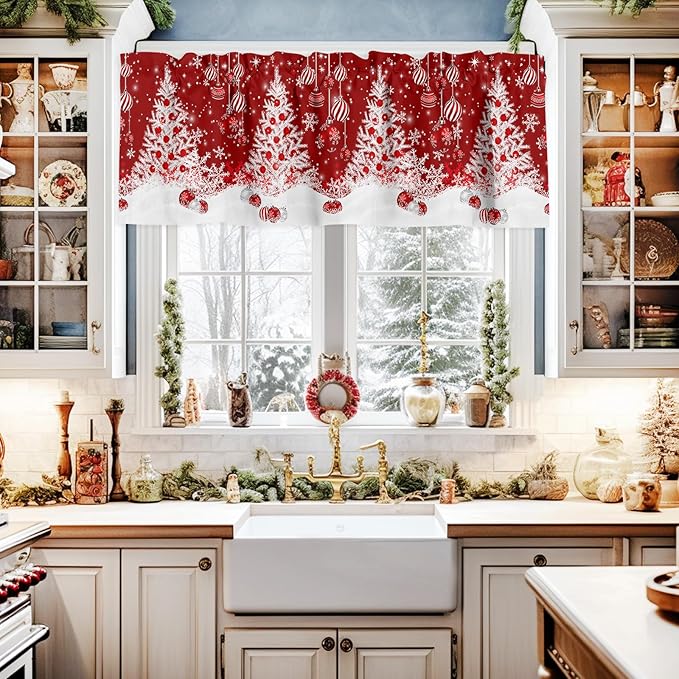 Red Christmas Valance Curtains for Kitchen Windows White Xmas Tree Snowflakes Red Balls Rod Pocket Window Treatment Toppers for Kitchen/Living Room/Bedroom/Bathroom, 54" X 18", Winter