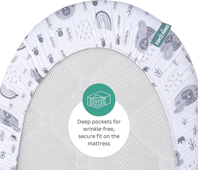 TansyPanda Bassinet Sheets for Cloud Baby, Yacul, Dream On Me Traveler, Skylar, BabyBond, Simmons, 3 Pack, 33x20 in, Ultra Soft, Breathable Snug Fit, Unisex Boys Girls, Gray White (Woodland Rainbow)