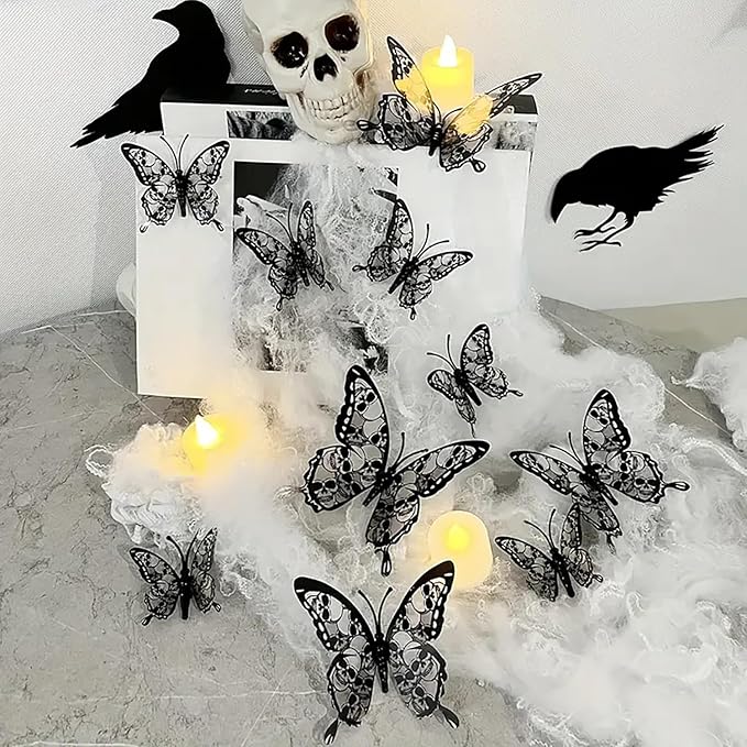 Halloween Wall Stickers 12Pcs Butterfly Wall Decor with Skull Design Halloween Wall Decals 3D Butterflys Wall Decorations Reusable Window Stickers for Halloween Party Home Room Art DIY Accessories