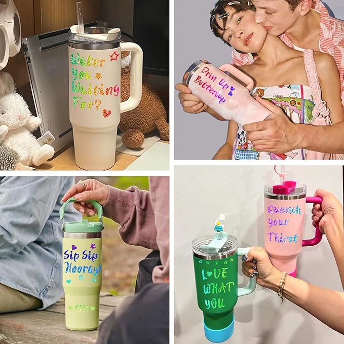 Vinyl Letter Stickers for Stanley Cups, 8 Packs Shiny Personalized Letters Tags Self Adhesive Waterproof Cute Alphabet Number Sticker for Kids Teens Adults Water Bottle Laptop Luggage