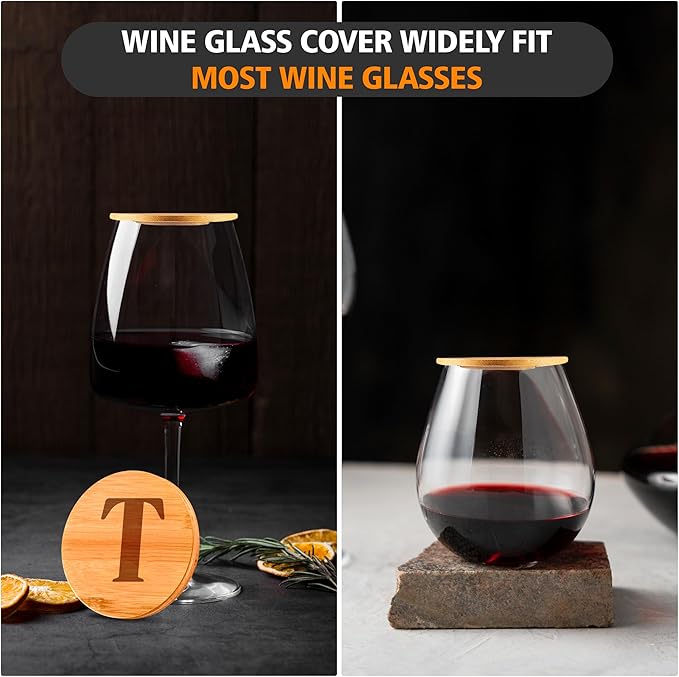 Personalized Wine Glass Charcuterie Topper - Custom Laser Engraved Initial Bamboo Wine Glass Topper Stopper Coasters Plate ID Identification Wine Glass Charcuterie Board Topper (Letter T)