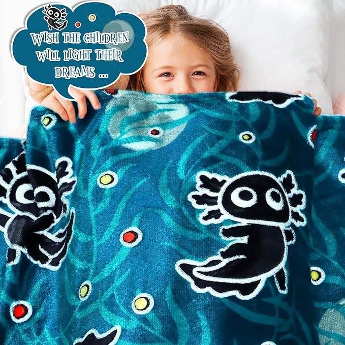 BORORO Black Axolotl Gifts Glow in The Dark Blanket Cute Axolotl Blanket for Boys Girls