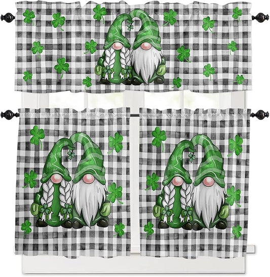 St. Patrick's Day Kitchen Curtains and Valances Set, Buffalo Plaid Shamrock Gnome Window Tiers Spring Holiday Farmhouse Decor Half/Short Curtains for Small Windows Cafe /Living Room/ Bedroom 54x24