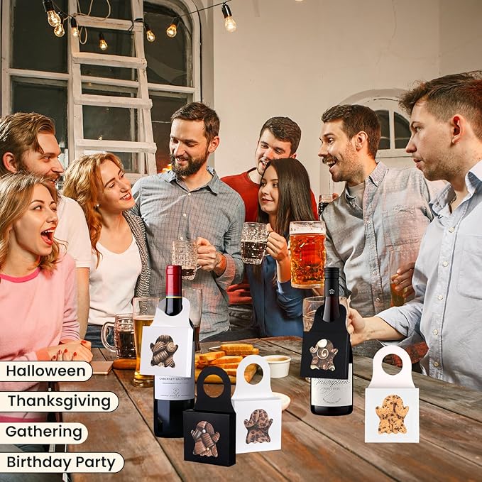 Megitzuu 30PCS Wine Bottle Box with Window, Kraft Paper Wine Boxes for Halloween Gifts Hanging Pumpkin Treat Box Mini Charcuterie Boxes Wine Bottles Gift Bags Goodies Candy Box Party Favor (Ghost)