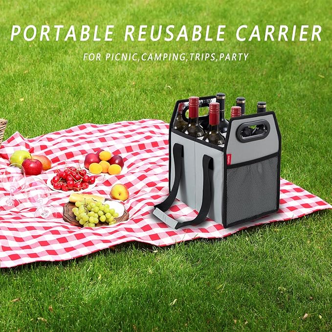 Bottle Wine Carrier Collapsible 6 Bottle Storage Box Reusable Portable Wine Bottle Carrier Case for Tote Bag Moving, Vacation Bottle Caddy Grocery Shopping Wine Tasting Accessory