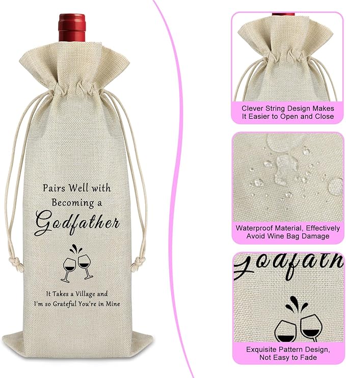 Godfather Gift from Godchild Godfather Wine Bags Birthday Thank You Gift for Godparent Uncle Fathers in Law Gift Cotton Burlap Wine Wrap Bag Christening Gift Baptism Gift for Godfather Proposal Gift