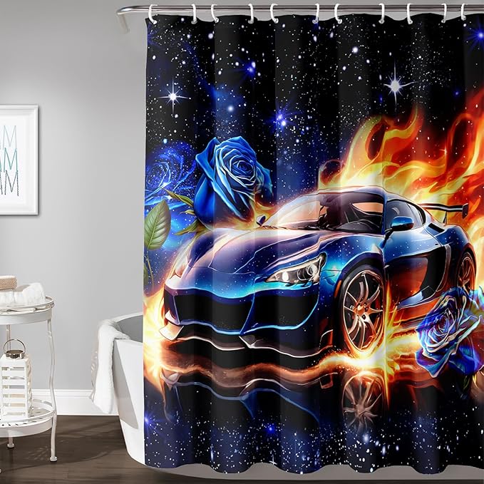 AILONEN Racing Car Shower Curtain for Bathroom, Blue Galaxy Starry Sports Cat Bath Curtain,Speed Car Shower Curtain for Kids Teen,Waterproof Curtain Bathroom 72" W*84" H Decor with 12 Plastic Hooks