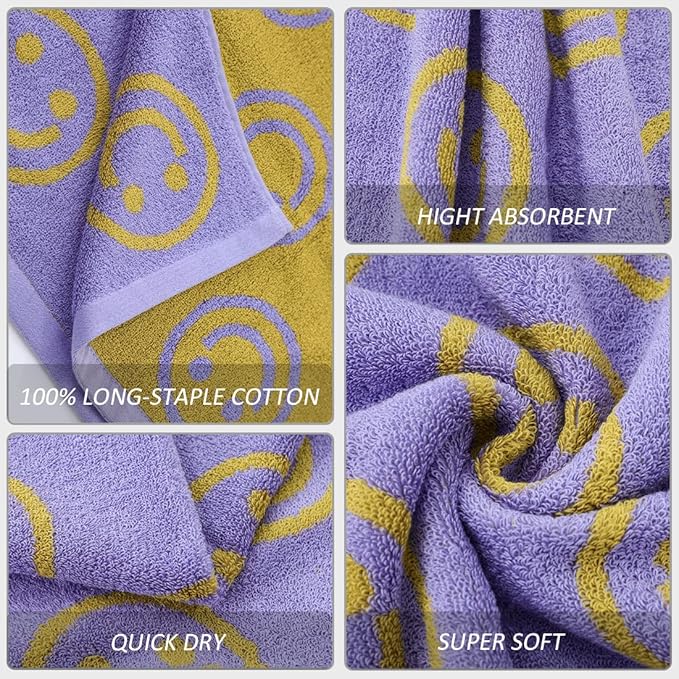 Luxury Purple Yellow Cute Smiling Face Bath Towel Sets for Bathroom, 1 Bath Towels 2 Hand Towels Washcloths, 100% Cotton Ultra Soft Highly Absorbent for Women Kids Girl Boy Face Body