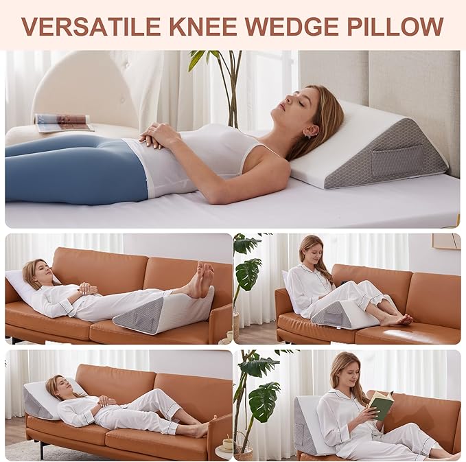 Knee Wedge Pillow, Memory Foam Leg Pillow Bed Wedge for Sleeping, Post Surgery Triangle Pillow Wedge for Knee Support, Leg Elevation, Knee Hip Back Pain Relief (23.6" x 26" x 10", Extra Large, White)