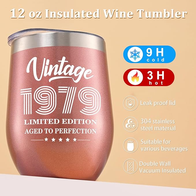 Lifecapido 45th Birthday Gifts for Women, Vintage 1979 Limited Edition Insulated Wine Tumbler with Wine Bag, 45 Year Old 45th Birthday Presents Christmas Gifts for Friends Mom Aunt Wine Lover, 12 oz