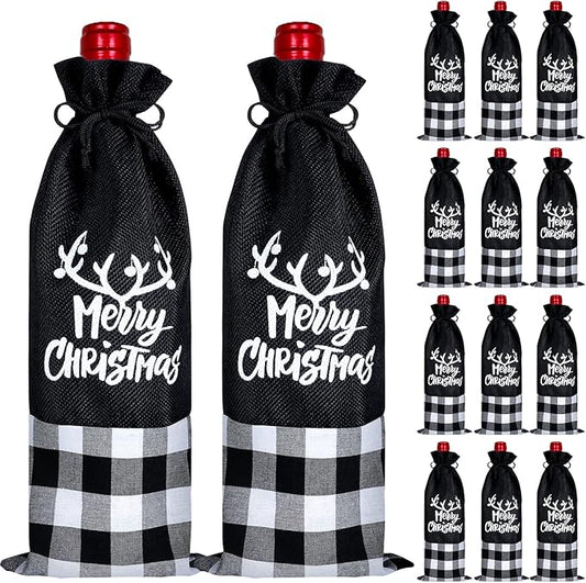 Patelai 12 Pieces Christmas Wine Bottle Bags Wine Bottle Sweater Dress Christmas Wine Sleeve Burlap Santa Bottle Covers Plaid Drawstring Bottle Bags for Xmas Dining Table (Black White)