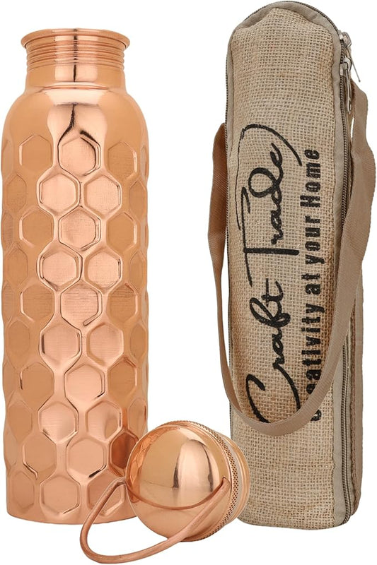 Craft Trade Copper Water Bottle for Drinking 32oz Antique Diamond Pure AyurvedaCopper Water Bottle with Handle Travel Bottle for Gym, Office, Hiking, Outdoor Ayurvedic Hammered Water Vessel-1000 ML