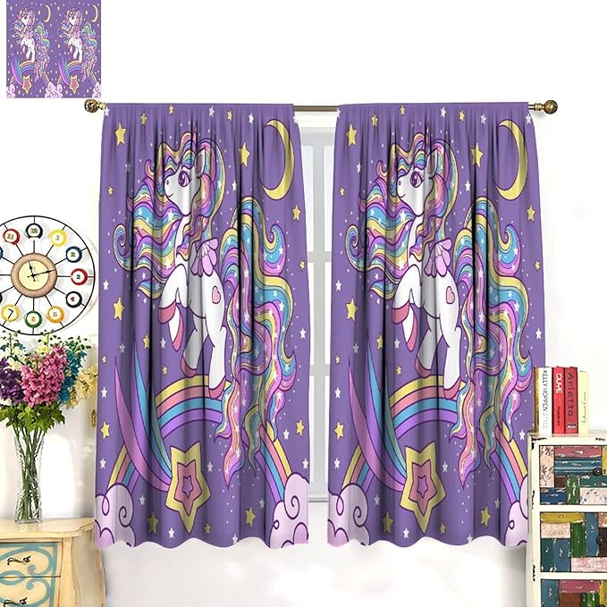 Unicorn Curtains Fantasy Star Moon Cartoon Theme Curtains Cute White Unicorn Rainbow Design Printed Curtains Boys Girls Room Curtains 42x45 Inch 2 Panels