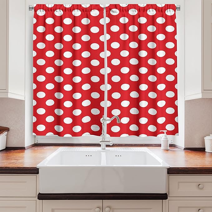 Ambesonne Retro Kitchen Curtains, 50s 60s Iconic Pop Art Style Big White Polka Dots Picnic Vintage Old Theme Image, Window Drapes 2 Panel Set for Kitchen Cafe Decor, 55" x 39", Vermilion White