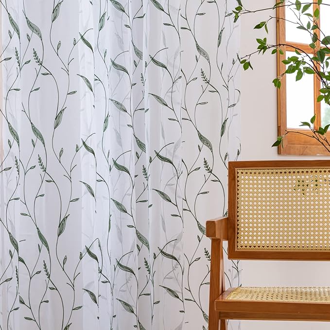 Windows Sheer Curtains Embroider Dark Green Leaf 95 Inches Length 2 Panels Voile Light Filtering Sheer Curtains Panel Basic Rod Pocket for Bedroom Living Room Children Room