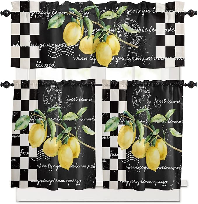 Kitchen Curtains and Valances Set,Summer Tropical Lemon Window Treatments Tiers Buffalo Plaid Black White Semi Sheer Half/Short Curtains for Small Windows Cafe /Living Room/ Bedroom 54x24 in, 3-Piece