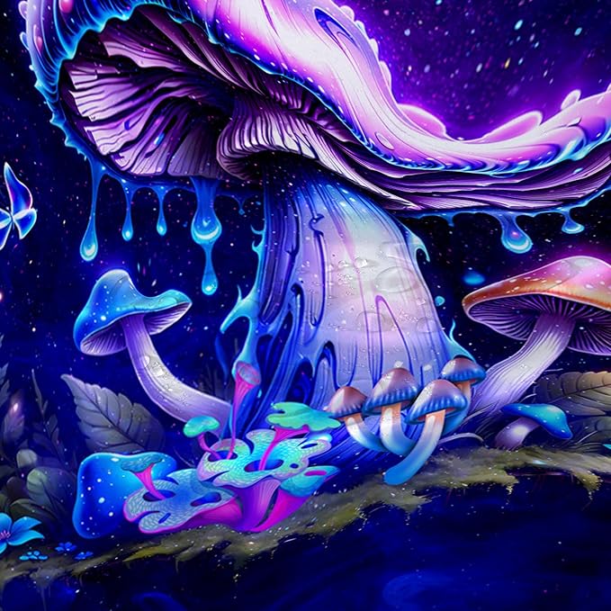 AILONEN Magic Mushroom Shower Curtain,Blue Butterfly Waterproof Fabric Bath Curtain for Kids Girl,Boho Style Shower Curtain Set for Bathroom,Natural Fungal Shower Curtain with Hooks 48" W*72" H