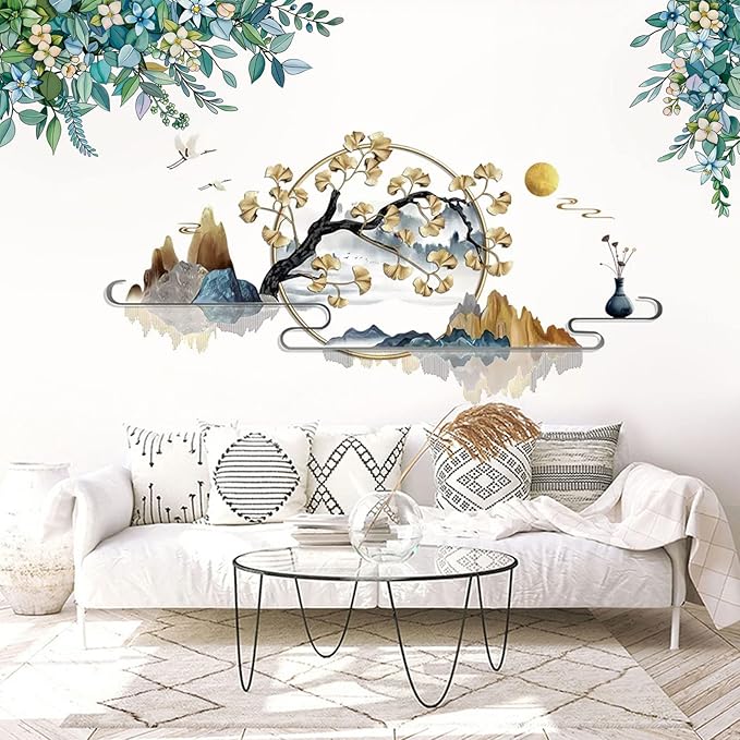 Flowers Wall Decals Vinyl Ancient Style Flowers Wall Stickers Ginkgo Landscape Painting Stickers Spring Flower Tree Branch Window Clings for Kids Room Nursery Living Room Kitchen Decor Gifts (#2)