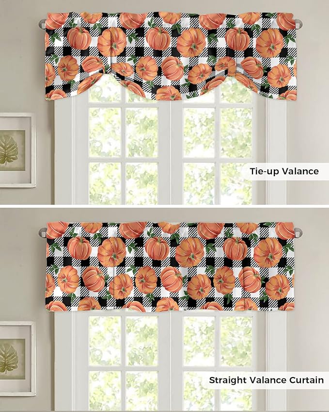 Fall Blackout Tie Up Valance Curtains for Kitchen Windows Thanksgiving Halloween Pumpkins Window Toppers Balloon Shades for Living Room/Bathroom/Bedroom,42" X 12" Farmhouse Black White Buffalo Plaid