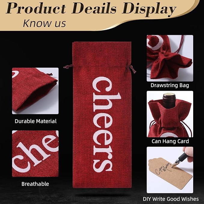 SIRIPHUM Burlap Wine Bags and Gift Tags, Wine Bottle Gift Bags with Drawstrings,Wine Bags Gift for Travel, Wedding, Holiday Party,Birthdays,Housewarming and Dinner Party (Black-12PCS)