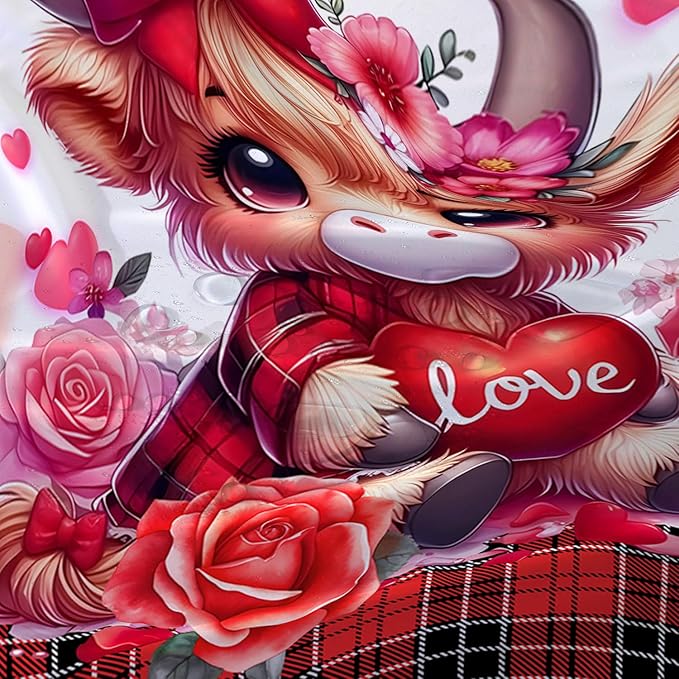 AILONEN Cartoon Yak Shower Curtain Set, Lovely Red Rose Cow Polyester Waterproof Shower Curtain for Bathroom,Love Scottish Tartan Theme Cloth Bath Curtain Set with Hooks,60" Wx72 H