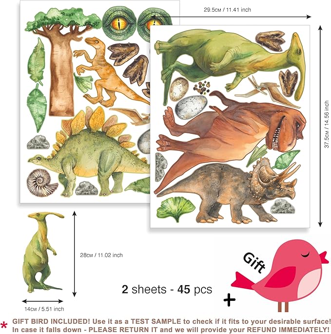 Dinosaur Wall Decals for Kids - Jungle Removable Dinosaur Wall Stickers for Toddler Boys Girls - Safari Peel and Stick Nursery Stickers Children [>25 Dino Wall clings] + Test Sample Included!