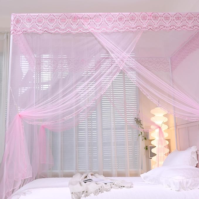 Bed Canopy, Princess Bed Curtain Net for Girls & Adults，Three-Doors Rectangle Lace Dome Netting (Baby Pink, King)