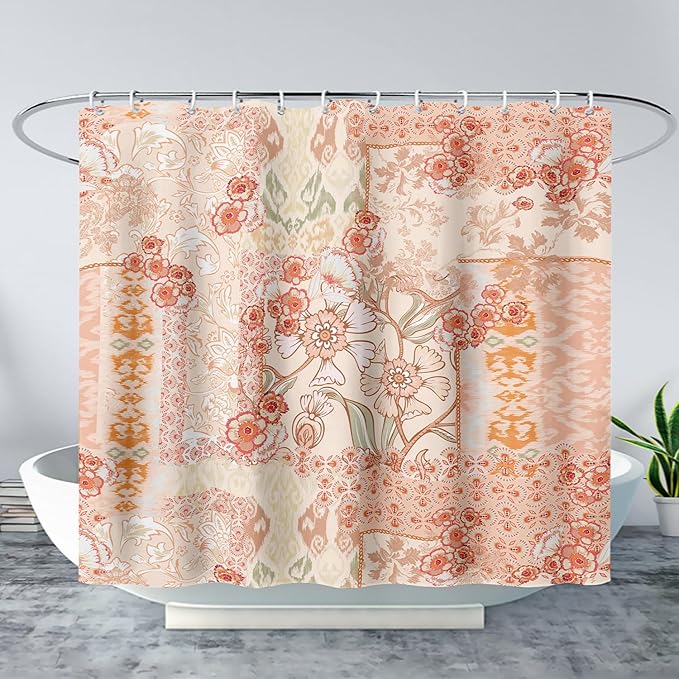 AILONEN Luxuriant Flowers Shower Curtain,European Vintage Flower Theme Waterproof Shower Curtain for Girls Kids Teens, 72" W*96" H Orange Textures Bathroom Decor